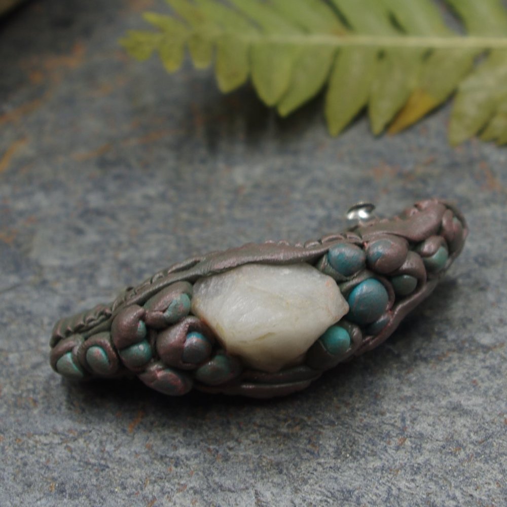 Coral Hair Clip with Milky Quartz, Hand Sculpted with Poly Clay